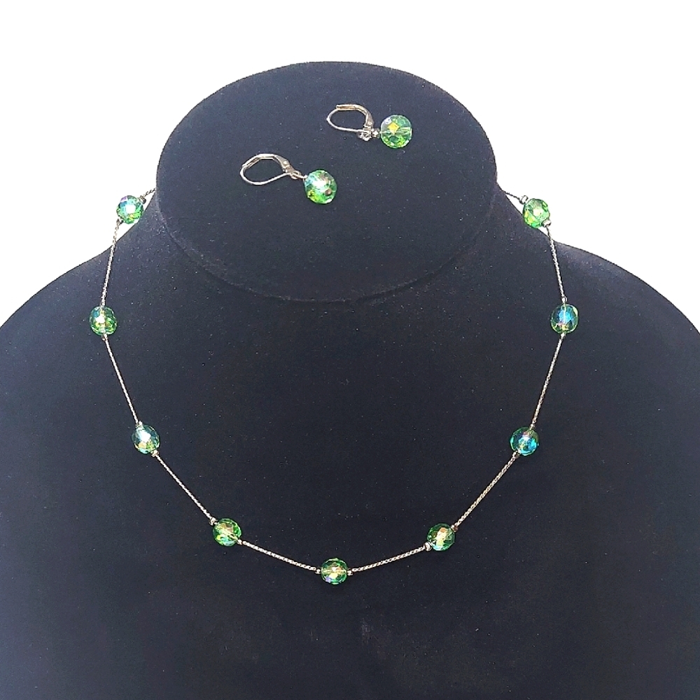 Vintage Irredescent Green Beaded Necklace and Earring Set